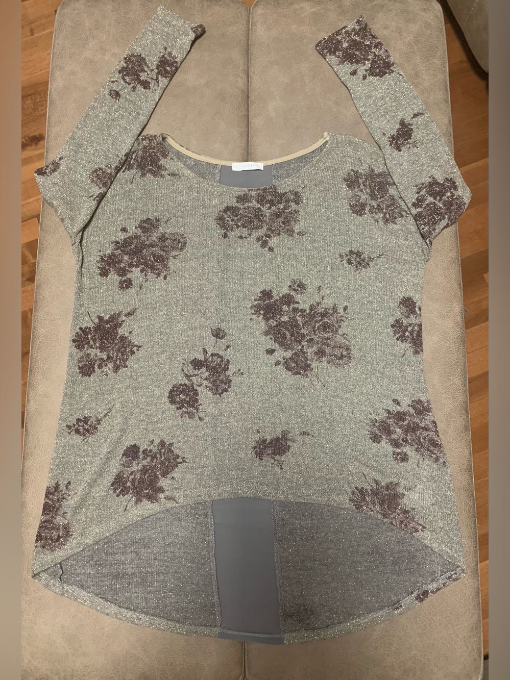 Lush Womens Gray Brown Sparkle Floral Knit Sheer Strip Back Tunic Top Size M